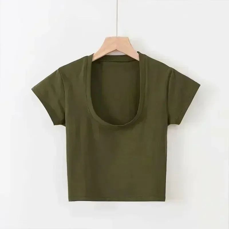 2024 New Summer Slim T-Shirt Women Short Sleeve T Shirt U-Neck Gray Tee Female Solid Basic Black/White Korean Crop Tops