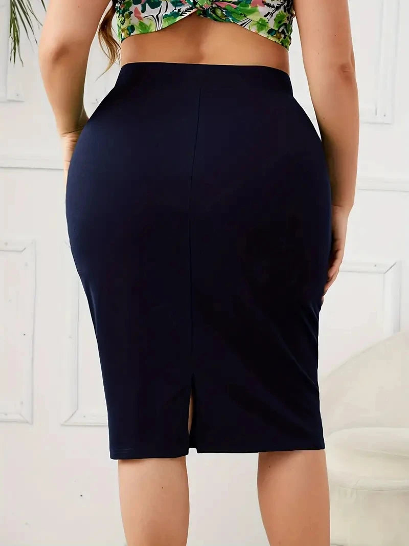 2024 Summer Plus Size Solid Slim Skirt, Casual High Waist Slit Skirt, Women's Plus SizeClothing