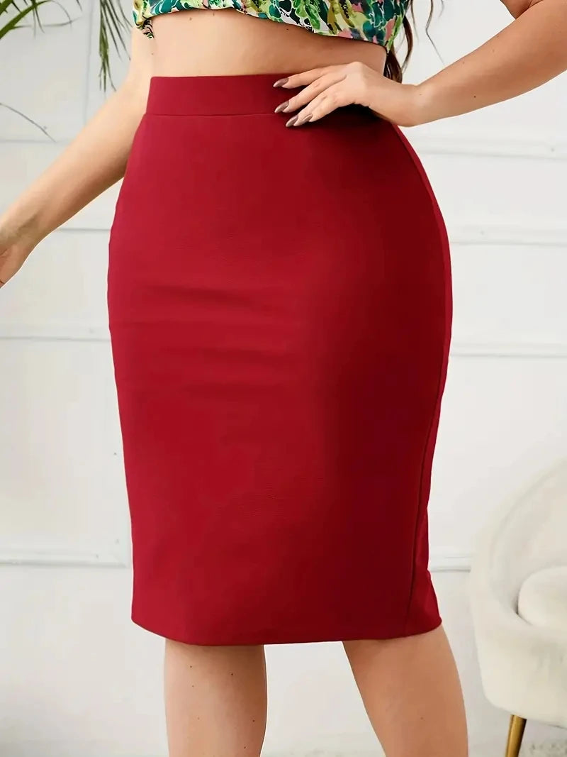 2024 Summer Plus Size Solid Slim Skirt, Casual High Waist Slit Skirt, Women's Plus SizeClothing