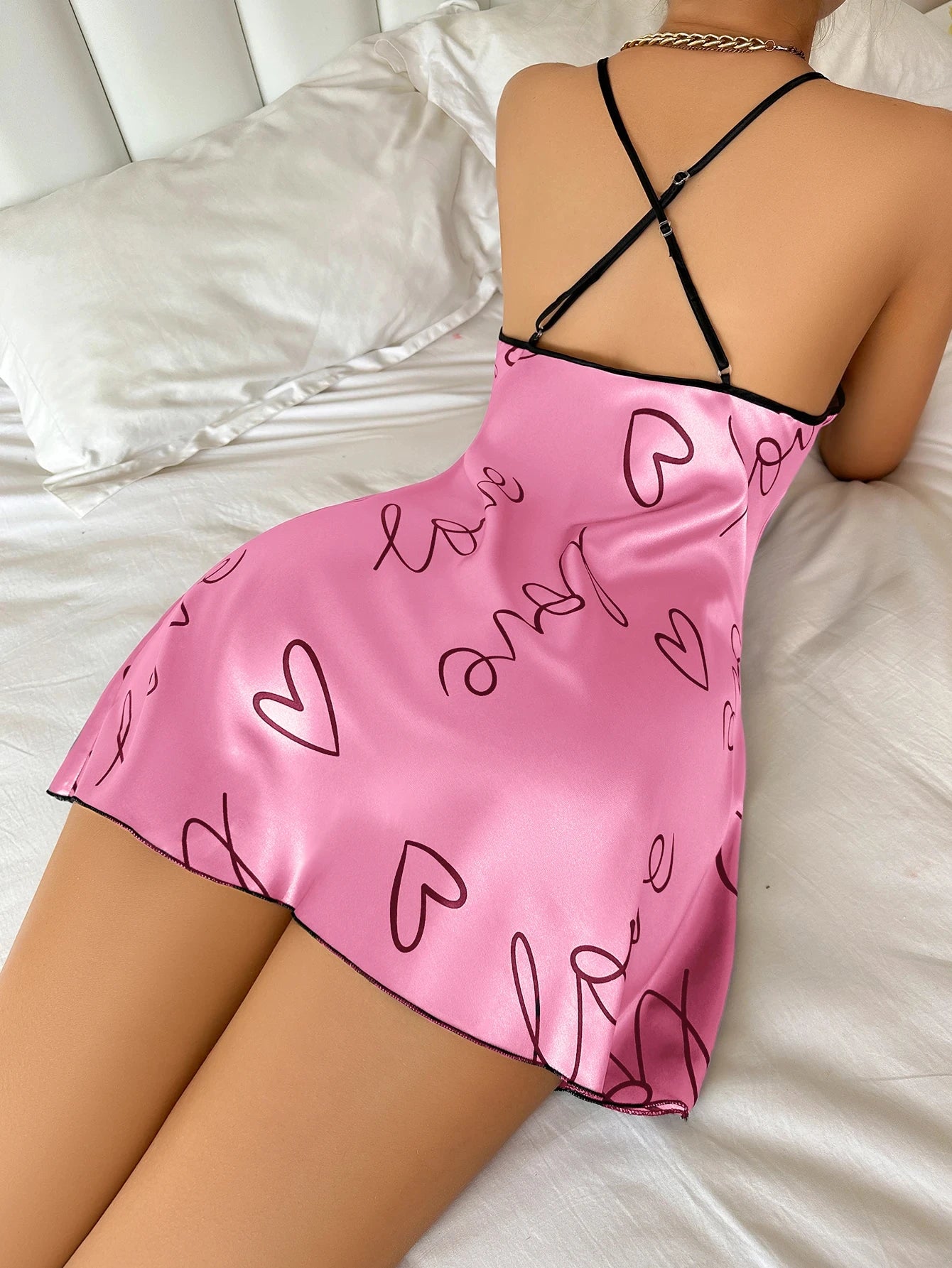 Women Summer Sexy Pajamas Sling Nightdress Open Back Criss Cross Sleep Dress Elegant Romantic Heart Print Sleeveless Sleepwear