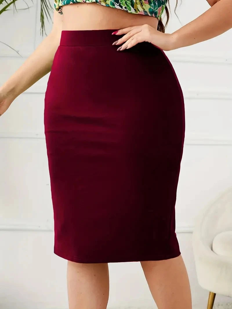 2024 Summer Plus Size Solid Slim Skirt, Casual High Waist Slit Skirt, Women's Plus SizeClothing