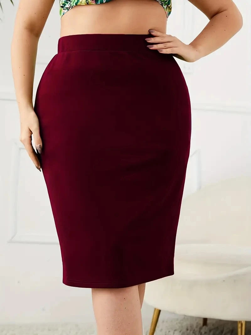 2024 Summer Plus Size Solid Slim Skirt, Casual High Waist Slit Skirt, Women's Plus SizeClothing