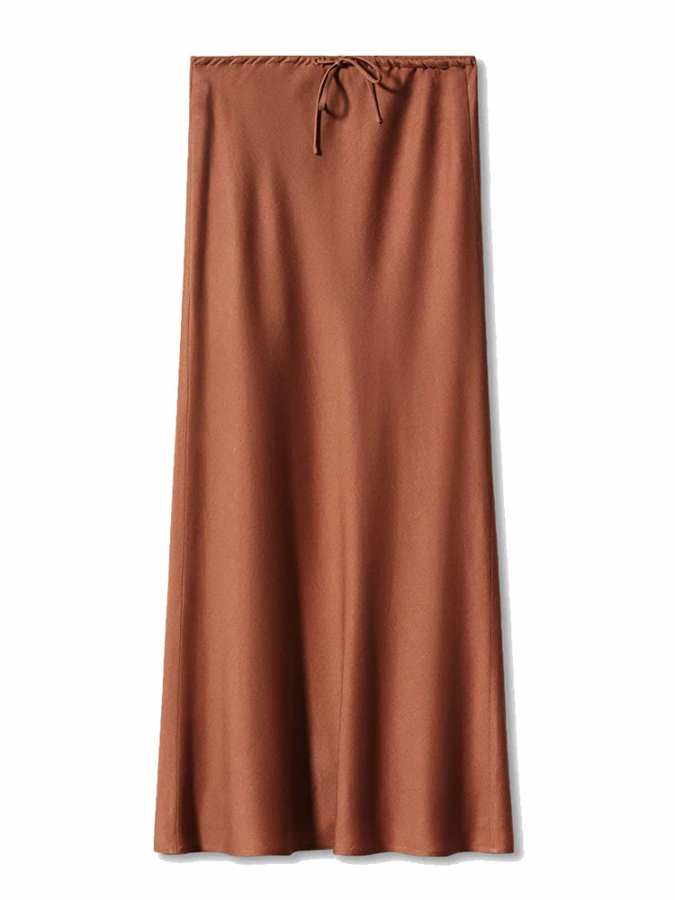 Long Black Satin Ski Beige Women Satin Silk Skirts Long Brown